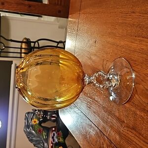 1930's Cambridge Amber & Crystal lvy Ball Vase w Keyhole Stem